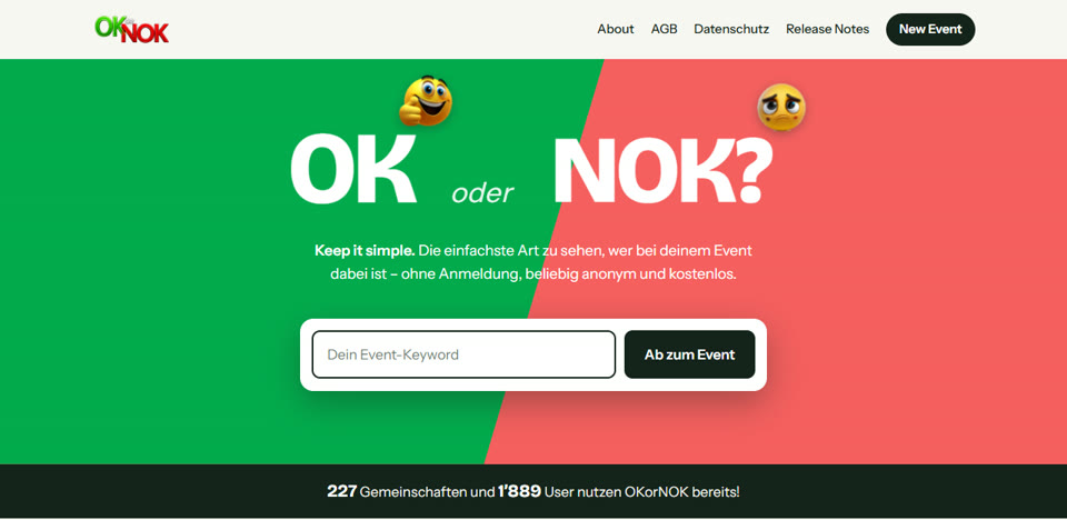 The OKorNOK start page: OK oder NOK?